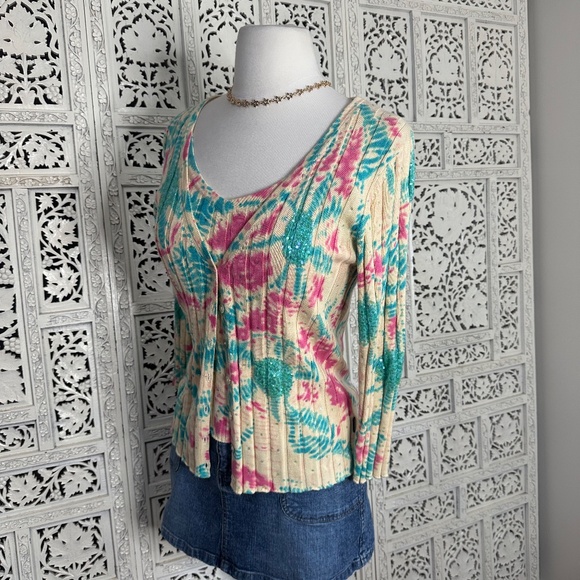 BCBG Maxazria Blue & Pink Sequin Watercolor Fairycore Silk Blend Cardigan Set - Picture 5 of 9